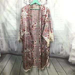 Victoria's Secret Floral Satin Robe Lace Sleeves M/L